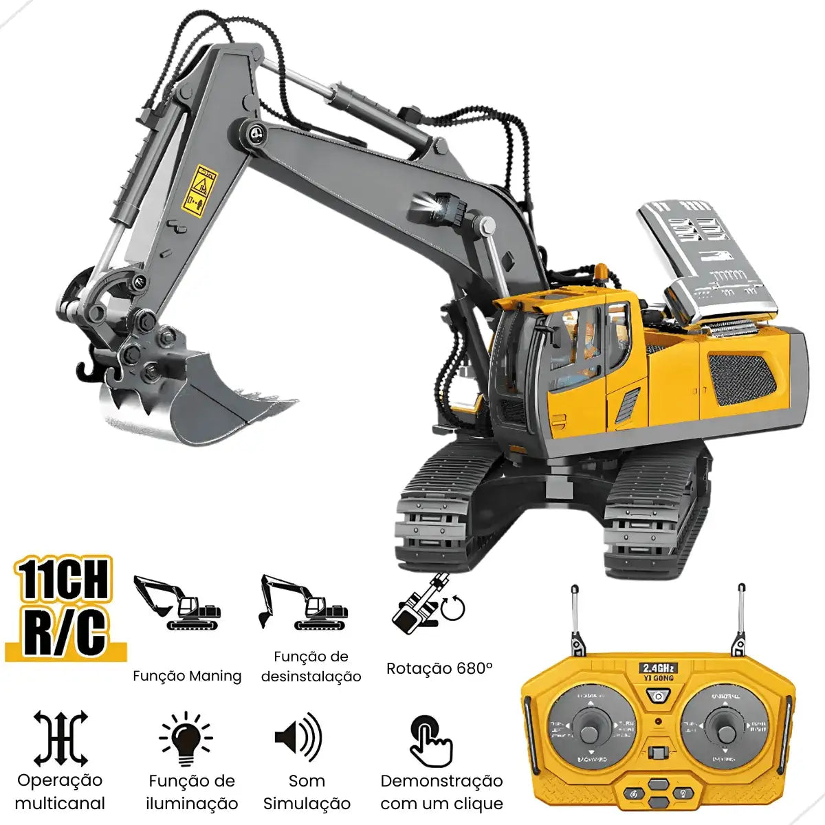 Trator Escavadeira De Controle Remoto Realista RC 11Ch - (FRETE GRÁTIS)